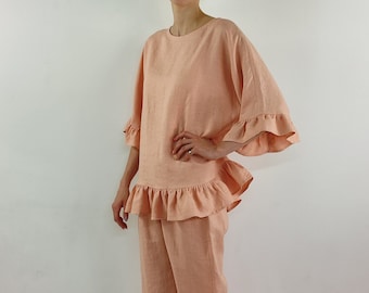 Pure Linen Pajama, Linen bluoses plus  cropped pants , Pajama set, Linen sleepwear set