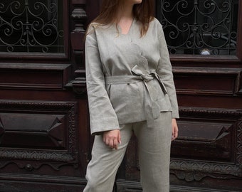 Linen kimono and pants set / Natural linen suit / Linen suit plus cropped pants / Kimono Suit / Linen suit / Kimono jacket