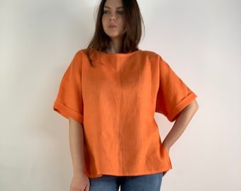 Linen summer blouse/ Linen top/ Orange women blouse/women top/Linen clothing