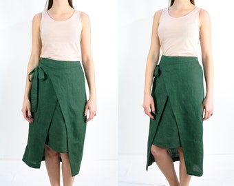 Linen midi skirt/ wrap skirt/green linen skirt/ summer linen skirt/ modern style skirt/ handmade linen skirt