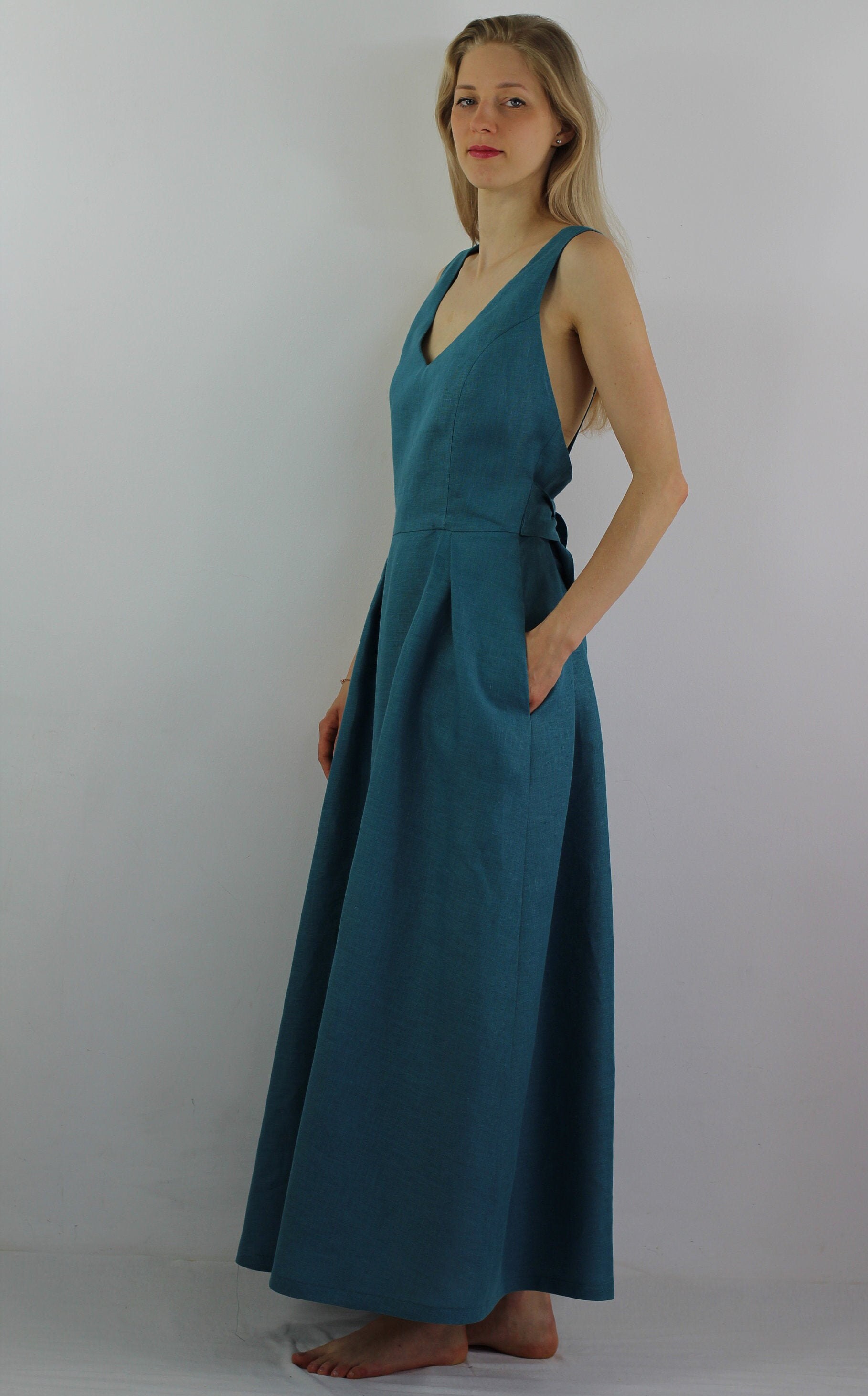 Sleeveless A-Line Denim Maxi Dress with Pockets - Main Image