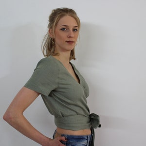 Wickel-Leinen-Top/Wickel-Grüne Bluse/Damen-Top/Wickelbluse/Damenkleidung