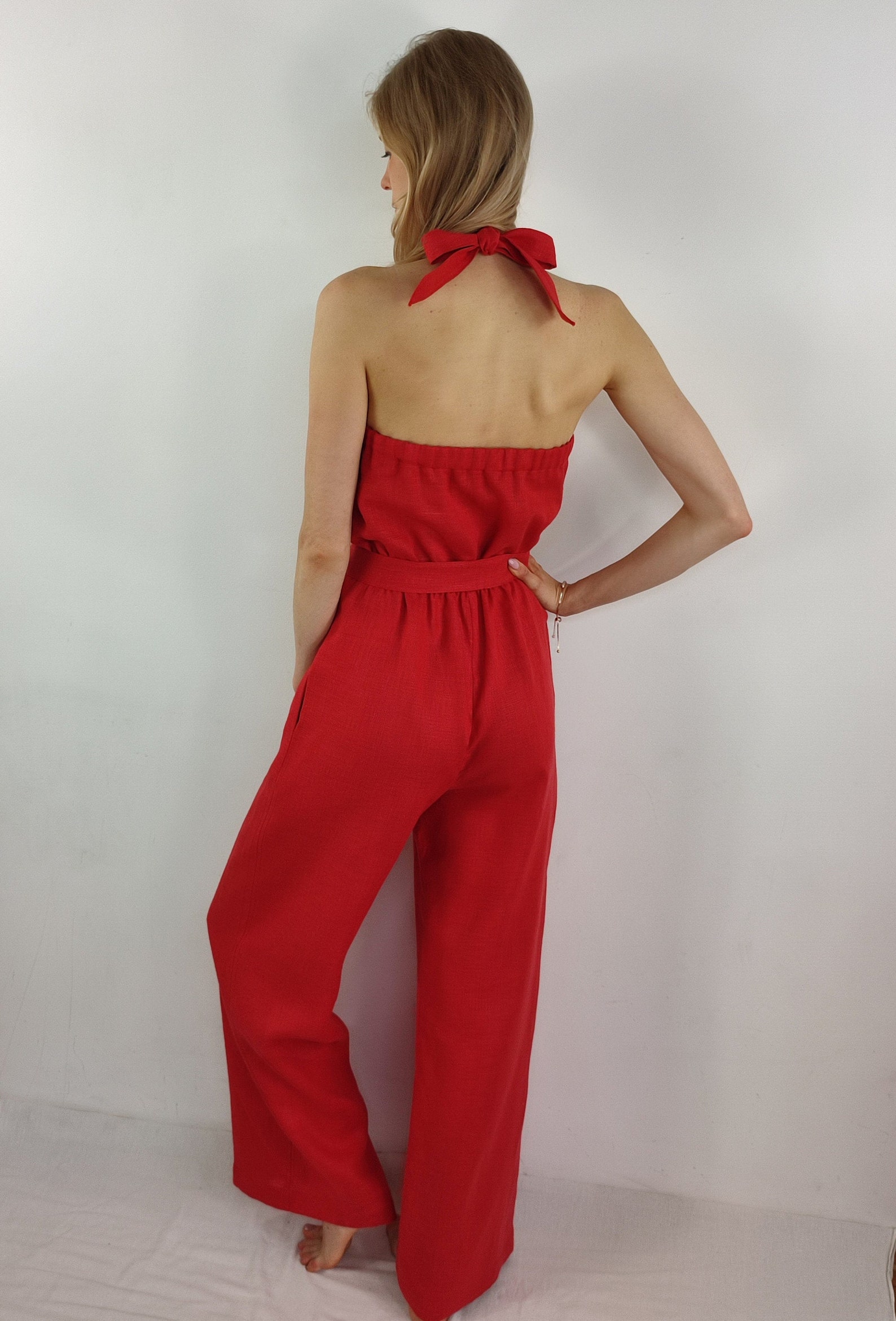 Summer Linen Jumpsuit/ Casual Linen Jumpsuits/ Red Overall/ Etsy