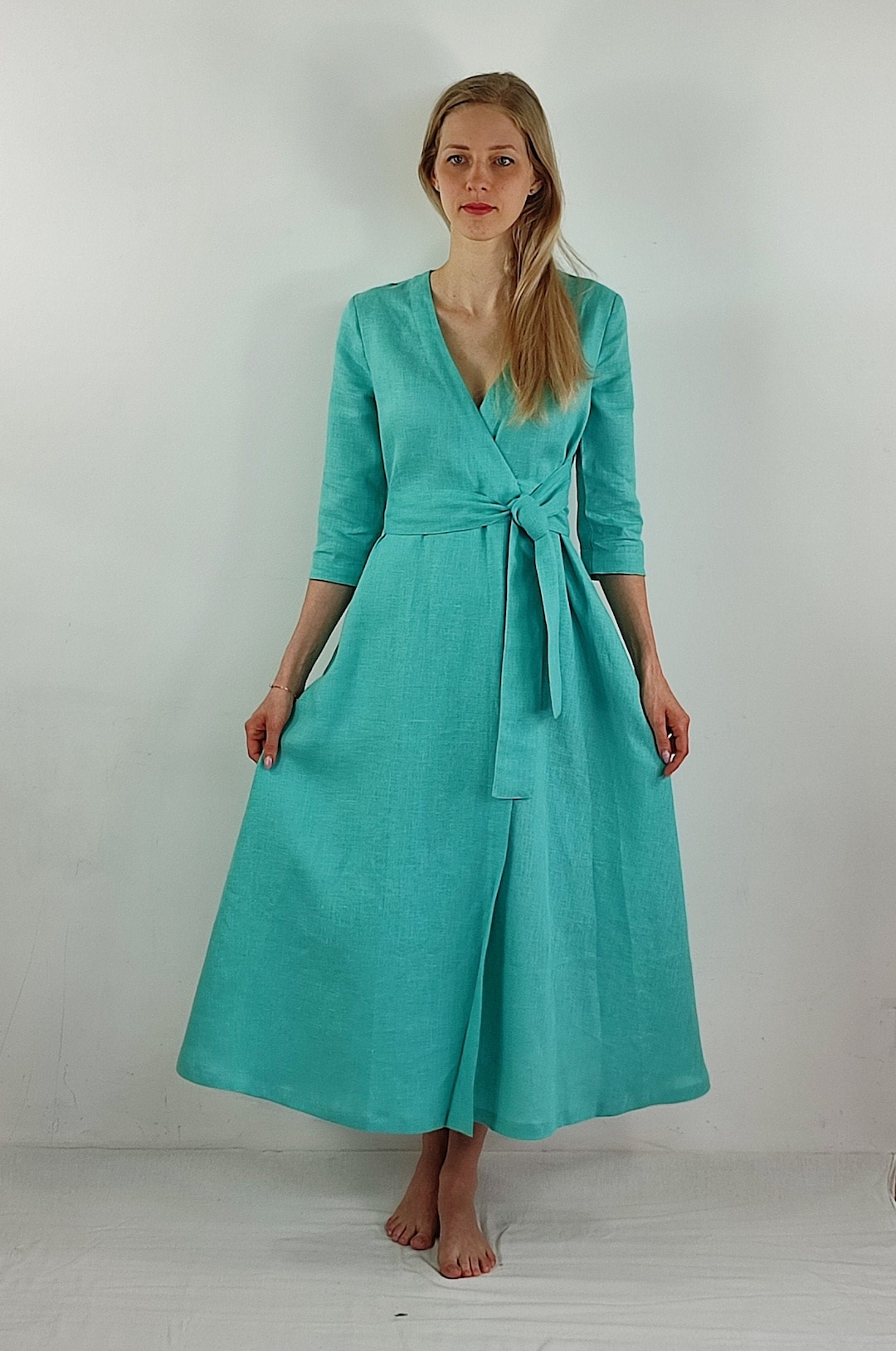 Linen wrap dress for women with 3/4 long sleeves/ Linen women dress