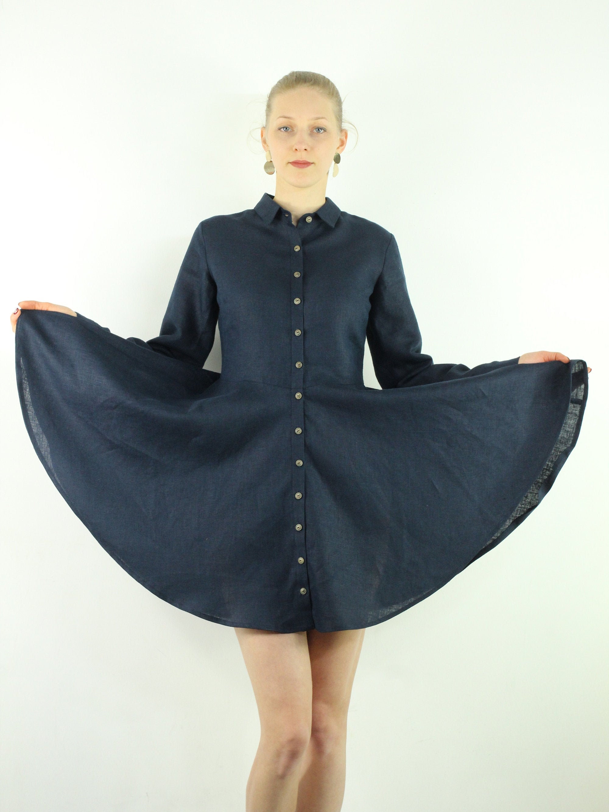 Wedding Guest Dress/ Linen Long Sleeves Women Dress/ Linen Cocktail Dress/ Linen Summer Dress/ Shirt Collar Dress/ Button Down Dress