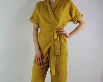 Linen wrap jumpsuit/ Casual linen jumpsuits/ Belt jumpsuit/ Jumpsuit for women/  Soft summer jumpsuit