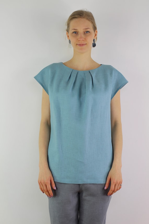 Linen summer blouse/ Linen top/ Turquoise women blouse/women top/Linen clothing