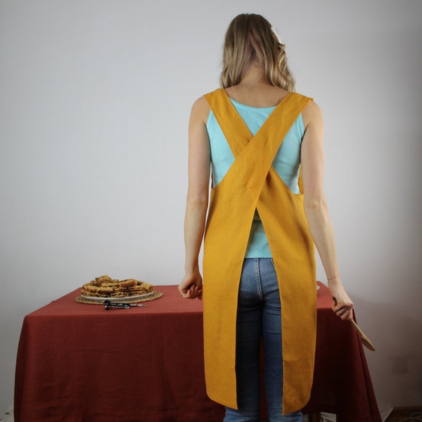 Linen apron/ Japanese cross back apron/ Cross back linen apron/ Pinafore linen apron/ Japanese apron/Unisex apron/
