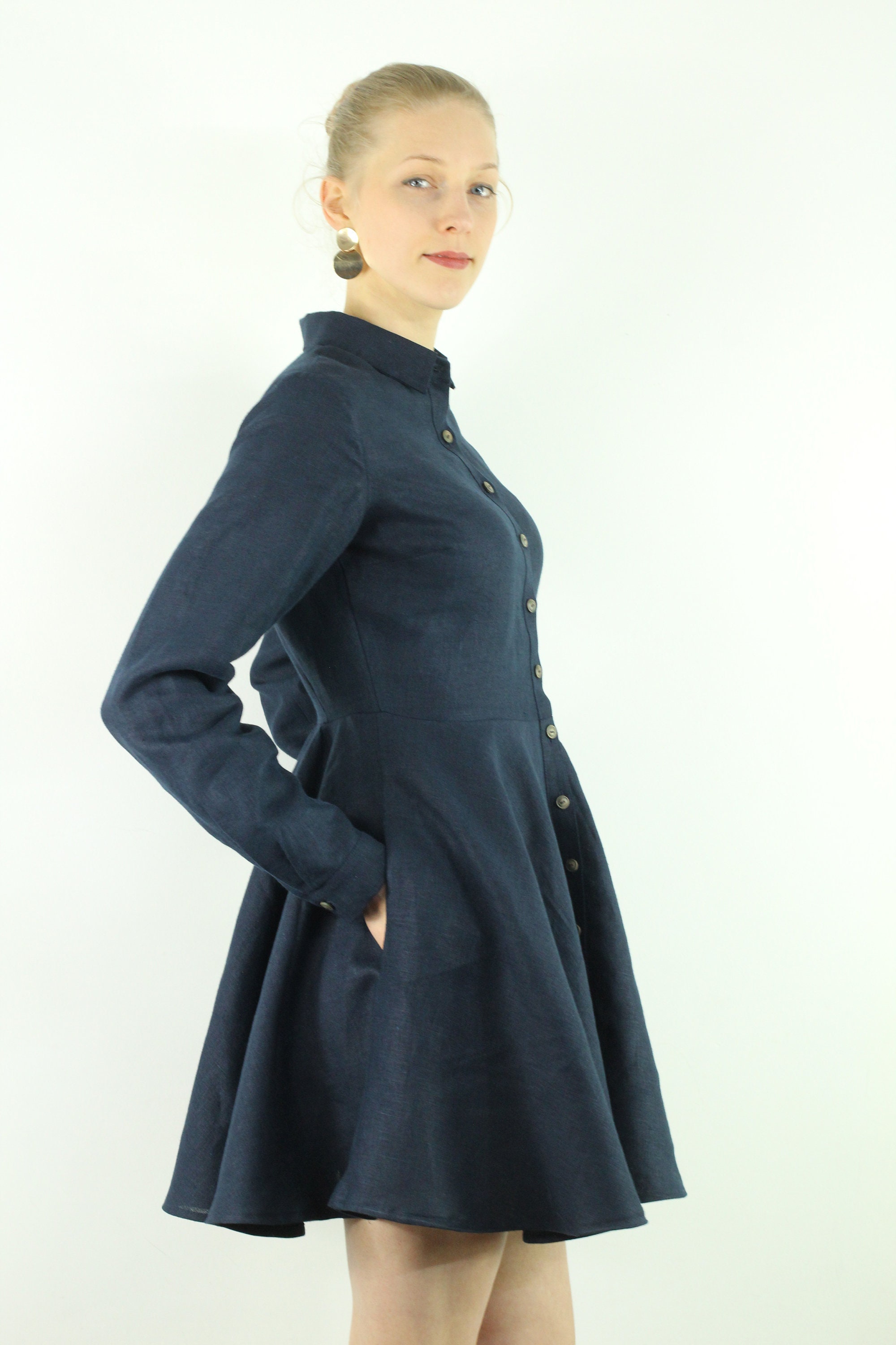 Wedding Guest Dress/ Linen Long Sleeves Women Dress/ Linen Cocktail Dress/ Linen Summer Dress/ Shirt Collar Dress/ Button Down Dress