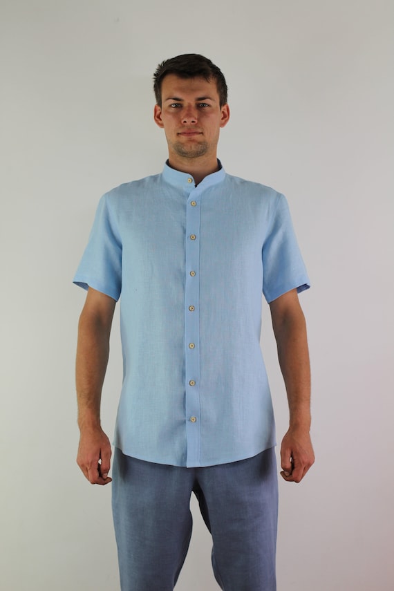 Mens linen shirt with short sleeves. Mens short sleeve shirt