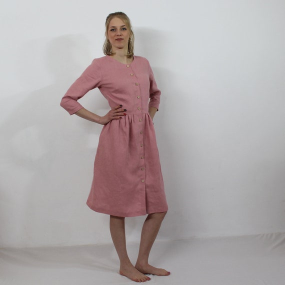 Linen Dress for Women, Linen Casual Summer Dress, Rose Dress, Button Down  Dress, Long Sleeves Dress -  Australia