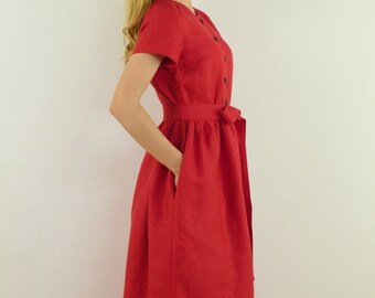 Robe en lin pour femmes / Taille XS / PRÊT à expédier / Robe rouge en lin / Robe femme en lin / Robe décontractée en lin / Robe d’été en lin
