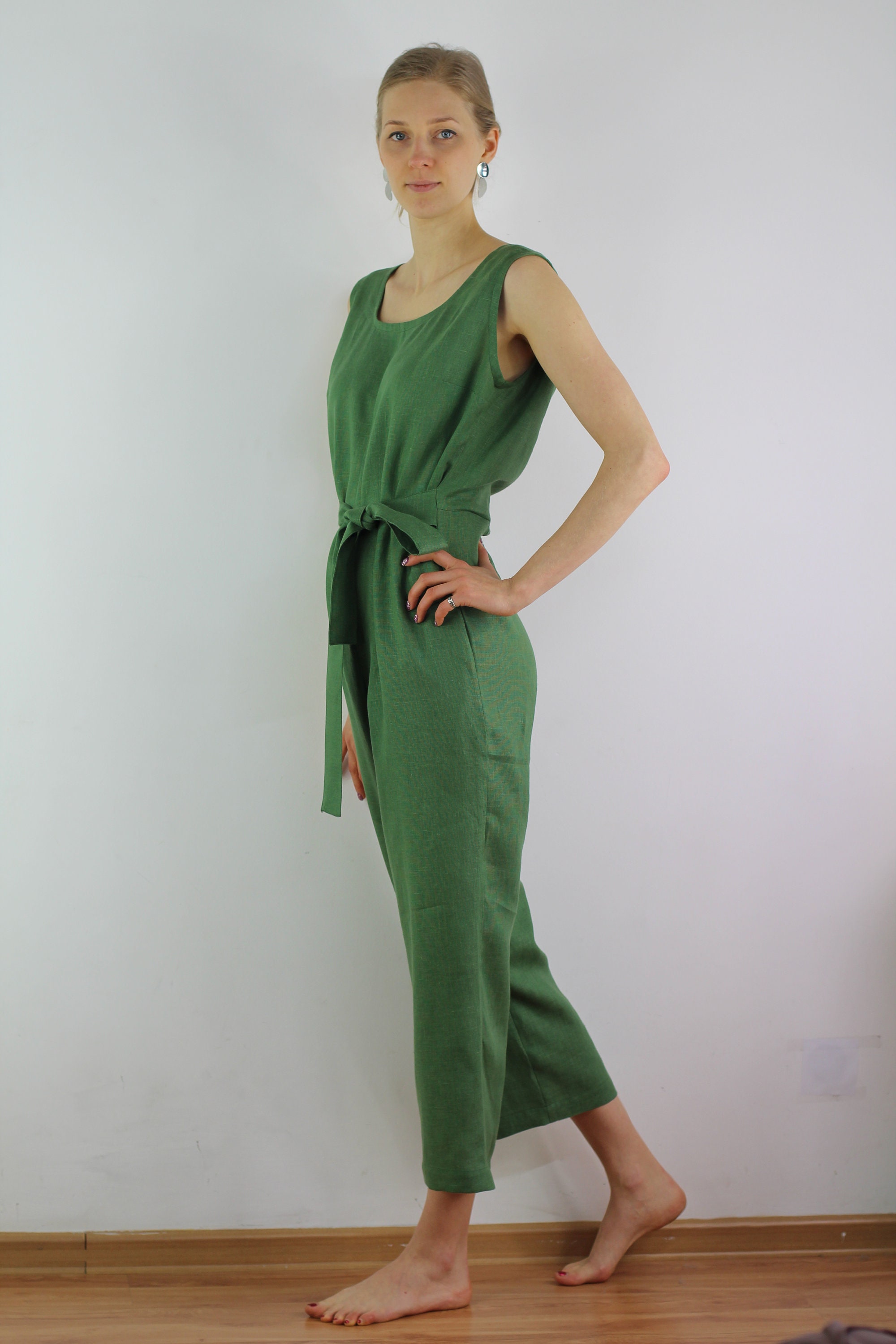 Summer Linen Jumpsuit/ Casual Linen Jumpsuits/ Green Overall/ Etsy