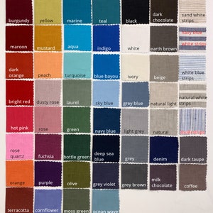 K&ouml;nnte beinhalten: Eine Farbkarte mit Stoffmustern und Namen f&uuml;r jede Farbe. Die Farben umfassen Burgunderrot, Gelb, Marine, Teal, Schwarz, Dunkelbraun, Sandwei&szlig; mit Streifen, Marineblau mit wei&szlig;en Streifen, Rotbraun, Senf, Aqua, Indigo, Wei&szlig;, Erdbraun, Dunkelorange, Pfirsich, T&uuml;rkis, Bayou-Blau, Elfenbein, Beige, Wei&szlig; mit blauen Streifen, Rot, Altrosa, Lorbeer, Himmelblau, Grau-Blau, Natur mit hellen Streifen, Natur mit wei&szlig;en Streifen, Pink, Rosa, Gr&uuml;n, Dunkelblau, Hellgrau, Natur, Multistreifen, Rosenquarz, Fuchsia, Flaschengr&uuml;n, Tiefseeblau, Grau, Denim, Dunkelbraun, Orange, Lila, Oliv, Grauviolett, Graubraun, Milchschokolade, Kaffee, Terrakotta, Kornblume, Moosgr&uuml;n und Ozeanblau.