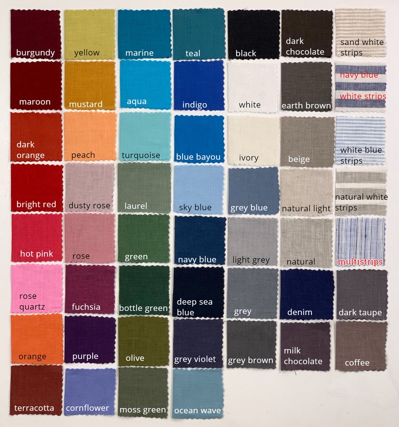 K&ouml;nnte beinhalten: Eine Farbkarte mit Stoffmustern und Namen f&uuml;r jede Farbe. Die Farben umfassen Burgunderrot, Gelb, Marine, Teal, Schwarz, Dunkelbraun, Sandwei&szlig; mit Streifen, Marineblau mit wei&szlig;en Streifen, Rotbraun, Senf, Aqua, Indigo, Wei&szlig;, Erdbraun, Dunkelorange, Pfirsich, T&uuml;rkis, Bayou-Blau, Elfenbein, Beige, Wei&szlig; mit blauen Streifen, Rot, Altrosa, Lorbeer, Himmelblau, Grau-Blau, Natur mit hellen Streifen, Natur mit wei&szlig;en Streifen, Pink, Rosa, Gr&uuml;n, Dunkelblau, Hellgrau, Natur, Multistreifen, Rosenquarz, Fuchsia, Flaschengr&uuml;n, Tiefseeblau, Grau, Denim, Dunkelbraun, Orange, Lila, Oliv, Grauviolett, Graubraun, Milchschokolade, Kaffee, Terrakotta, Kornblume, Moosgr&uuml;n und Ozeanblau.