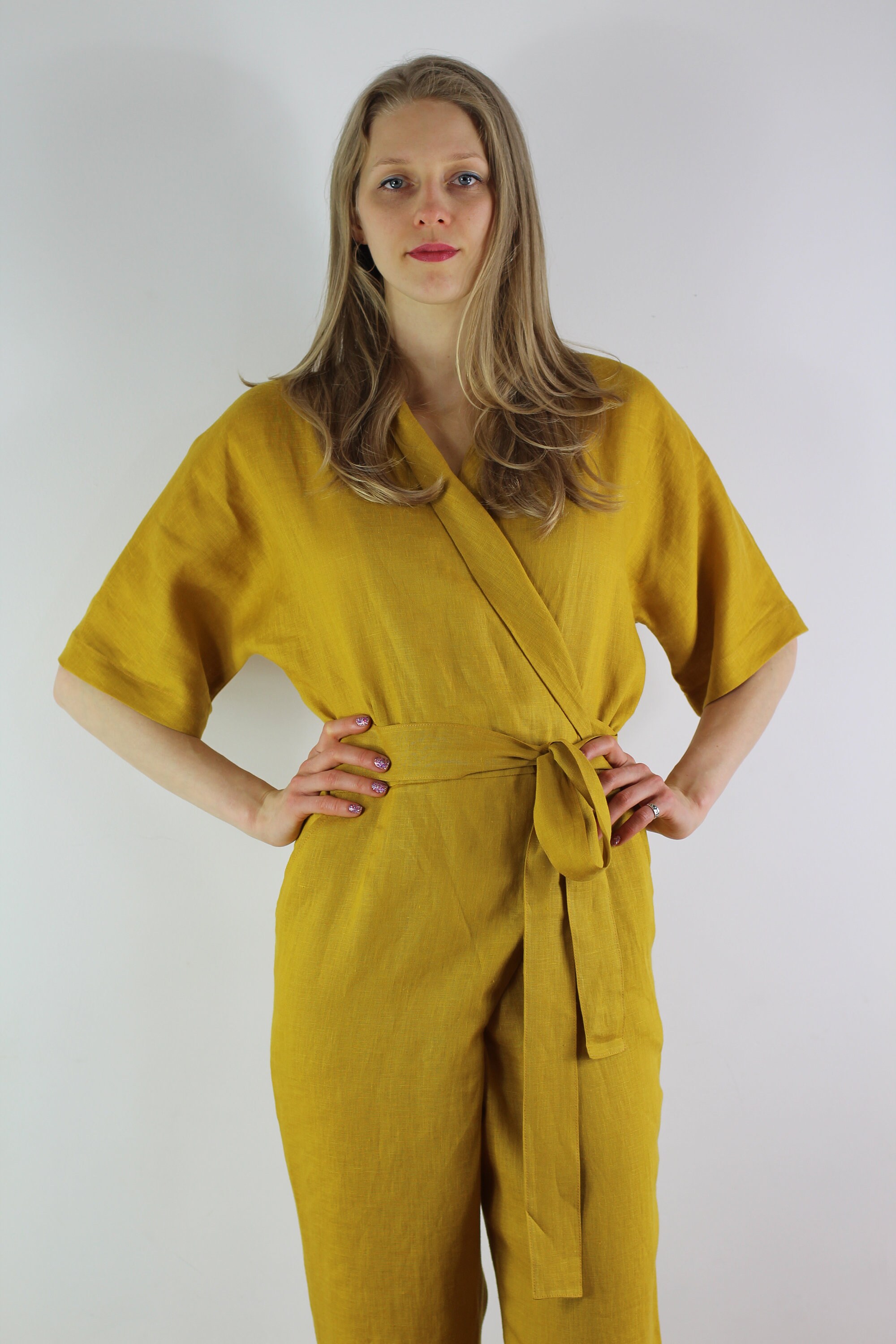 Linen Wrap Jumpsuit/ Casual Linen Jumpsuits/ Belt Jumpsuit/ Etsy