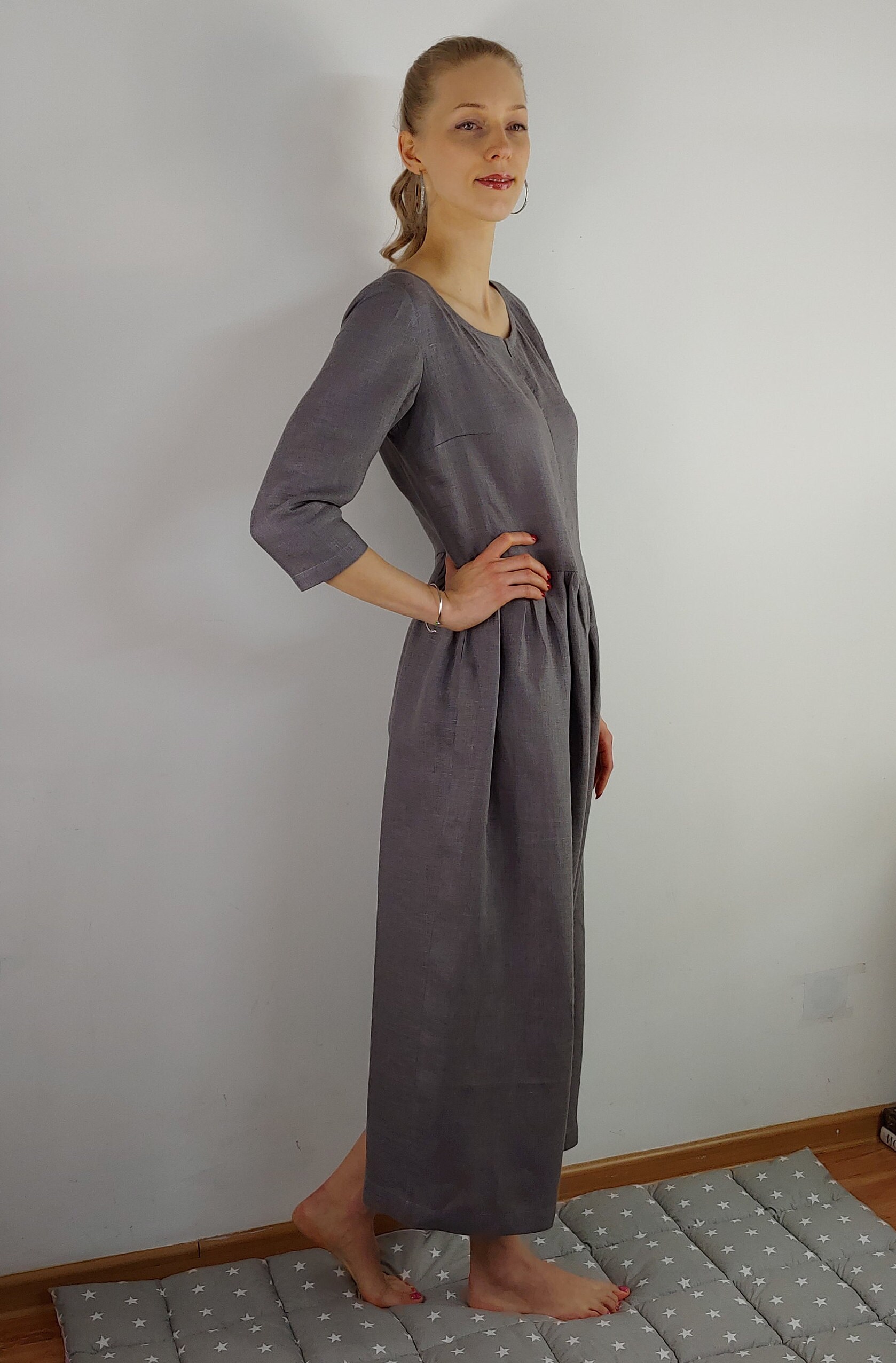 Women Linen Jumpsuit With 3/4 Long Sleeves/ Casual Linen - Etsy