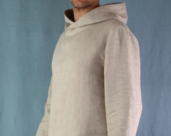 Made to measure Men's natural linen shirt with hood, Long Sleeve Shirt, Natural linen shirt,  hoodie shirt for men