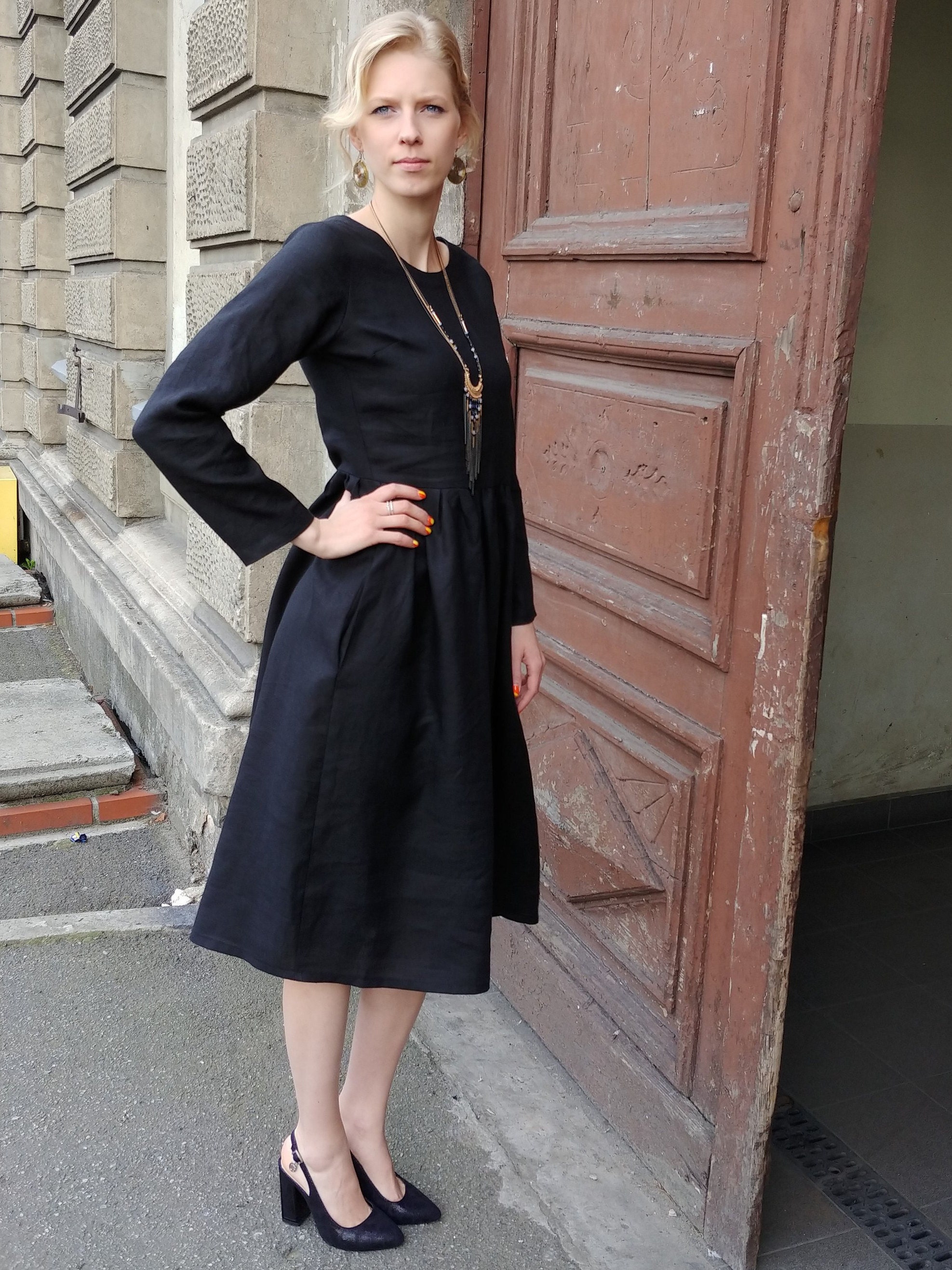 Linen Dress for Women With Long Sleeves/ Black Linen Dress/ | Etsy
