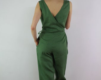 Summer linen jumpsuit/ Casual linen jumpsuits/ Green overall/ Jumpsuit for women/ Linen romper/ Cropped pants overall