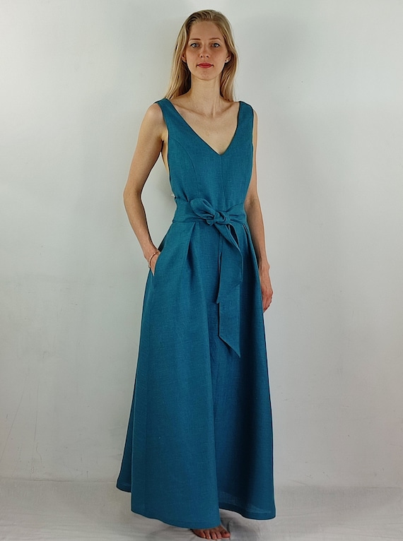 Evening Dress/ Sleeveless Dress/ Maxi Linen Dress/ Casual Dress/ Summer Dress/ Open Back Dress/ Formal Dress