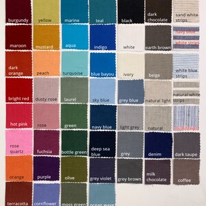 May include: A color chart of fabric swatches with names for each color. The colors include burgundy, yellow, marine, teal, black, dark chocolate, sand white strips, navy blue white strips, maroon, mustard, aqua, indigo, white, earth brown, dark orange, peach, turquoise, blue bayou, ivory, beige, white blue strips, bright red, dusty rose, laurel, sky blue, grey blue, natural light strips, natural white strips, hot pink, rose, green, navy blue, light grey, natural, multistrips, rose quartz, fuchsia, bottle green, deep sea blue, grey, denim, dark taupe, orange, purple, olive, grey violet, grey brown, milk chocolate, coffee, terracotta, cornflower, moss green, and ocean wave.