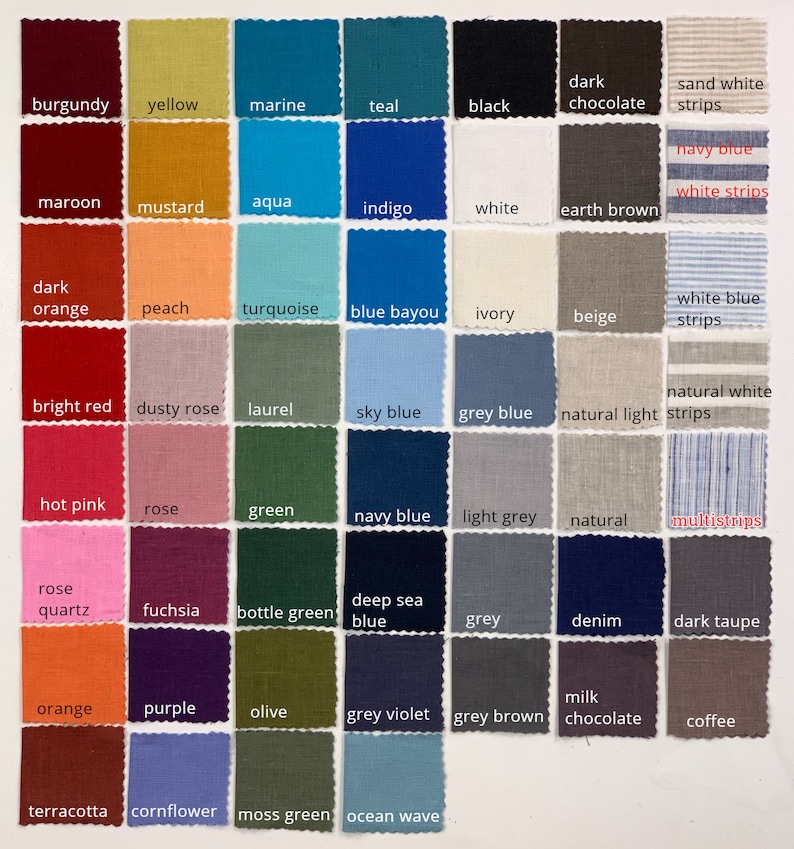 May include: A color chart of fabric swatches with names for each color. The colors include burgundy, yellow, marine, teal, black, dark chocolate, sand white strips, navy blue white strips, maroon, mustard, aqua, indigo, white, earth brown, dark orange, peach, turquoise, blue bayou, ivory, beige, white blue strips, bright red, dusty rose, laurel, sky blue, grey blue, natural light strips, natural white strips, hot pink, rose, green, navy blue, light grey, natural, multistrips, rose quartz, fuchsia, bottle green, deep sea blue, grey, denim, dark taupe, orange, purple, olive, grey violet, grey brown, milk chocolate, coffee, terracotta, cornflower, moss green, and ocean wave.
