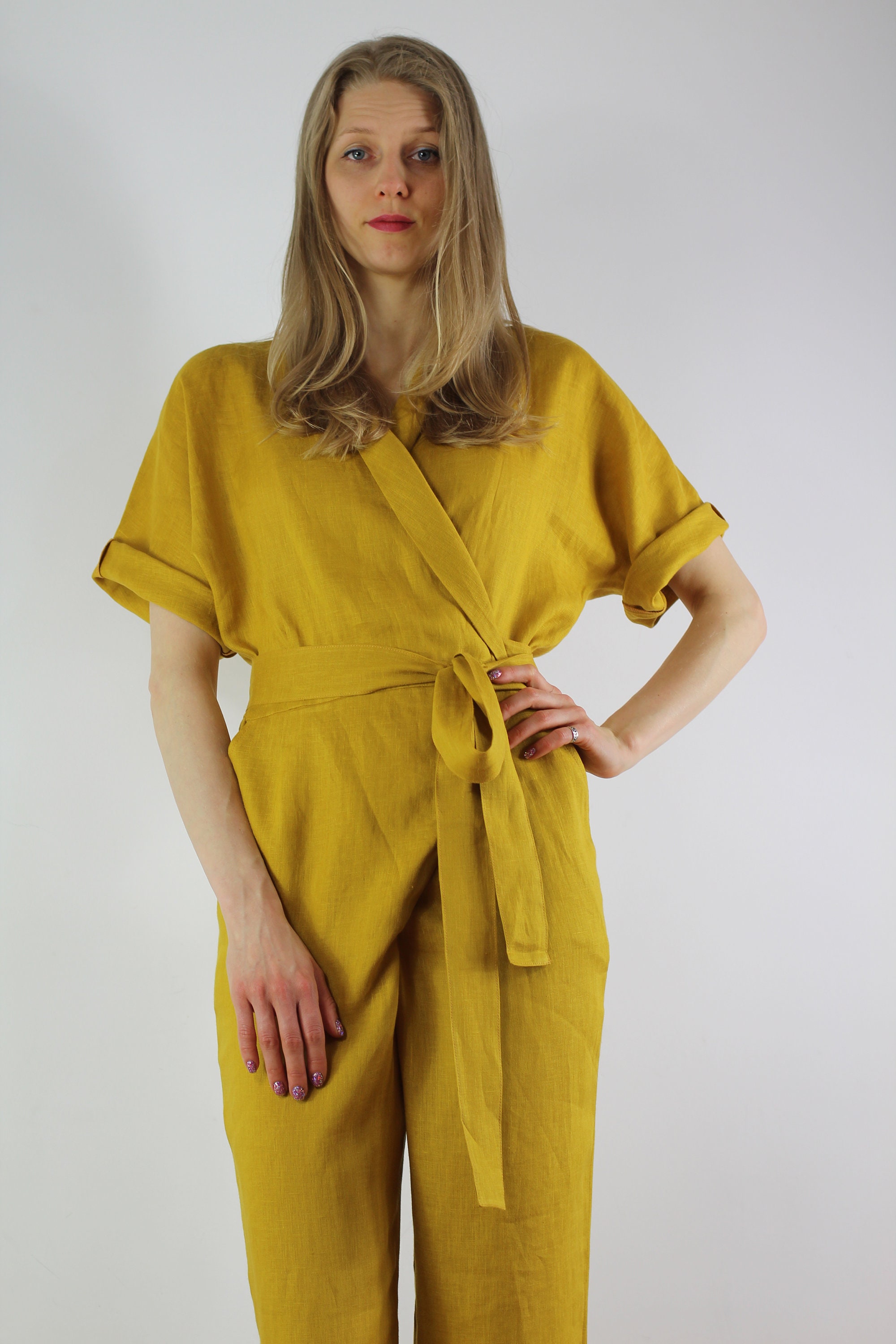 Linen Wrap Jumpsuit/ Casual Linen Jumpsuits/ Belt Jumpsuit/ Etsy