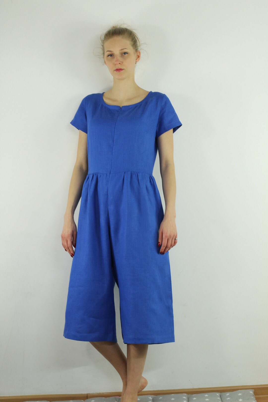 Women Linen Jumpsuit With Short Sleeves/ Casual Linen Jumpsuits/ Linen Romper/ Jumpsuit for