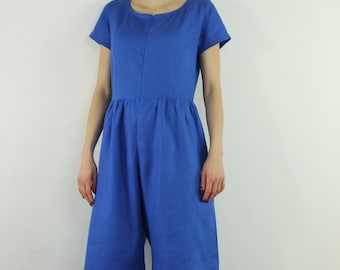 Women linen jumpsuit with short sleeves/ Casual linen jumpsuits/ Linen romper/ Jumpsuit for women/ Turquoise jumpsuit