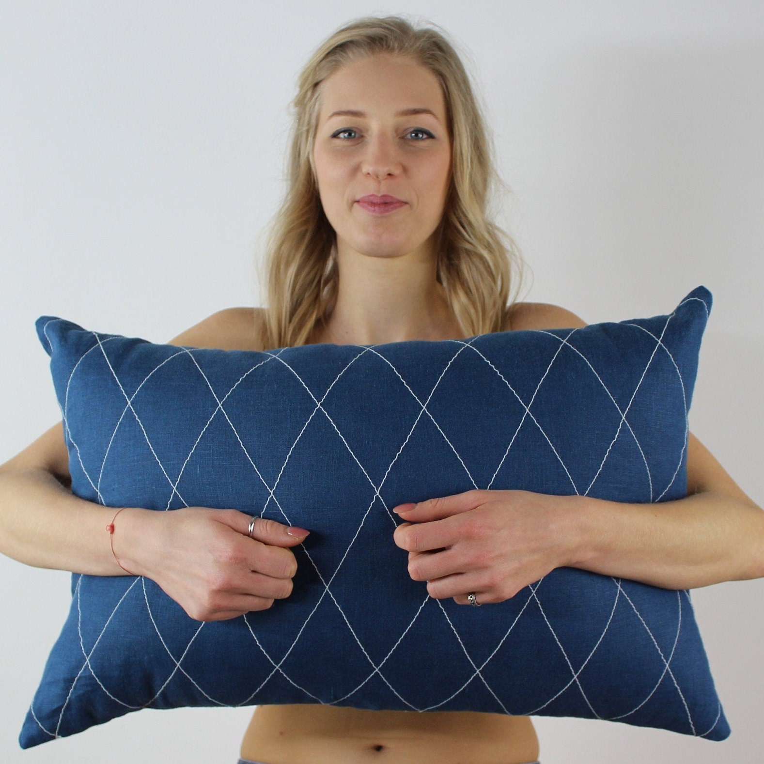 Navy Blue Linen Pillow Cover With Stitched Stripesnatural Etsy UK