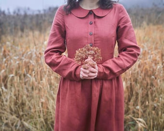 Linen dress for women with  long sleeves, /Cinnamon, terracotta  casual dress, /Linen summer dress, Peter Pan collar dress