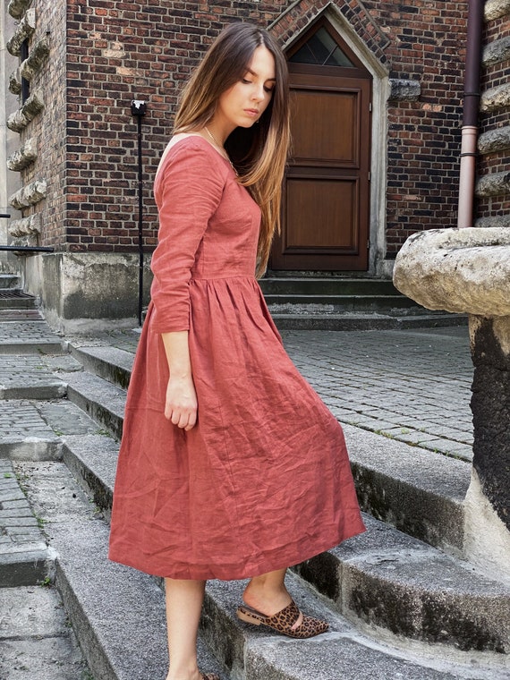 Linen Dress for Women/ Open Back Linen Dress/linen Casual Dress/ Natural Linen  Dress/ Oversize Model/ Cinnamon, Terracotta Dress - Etsy