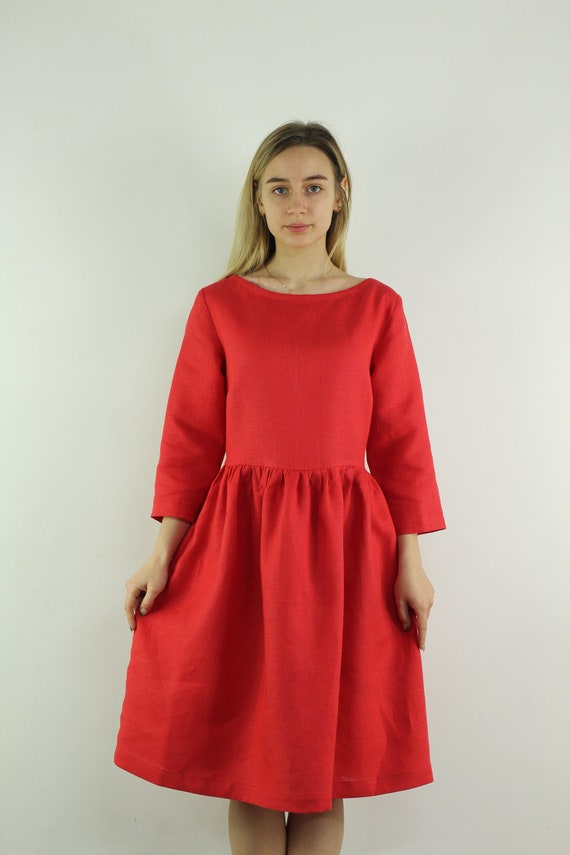 Linen Dresses for Women/ Linen Red Dress/ Linen Women Dress/ Linen Long  Sleeves Dress With Pockets, Linen Summer Dress, 