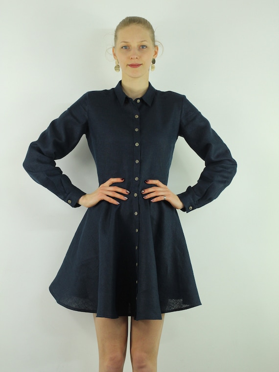 Wedding Guest Dress/ Linen Long Sleeves Women Dress/ Linen Cocktail Dress/ Linen Summer Dress/ Shirt Collar Dress/ Button Down Dress
