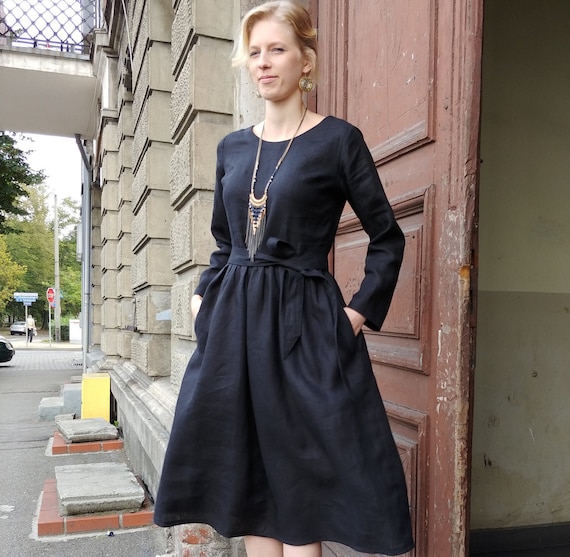 Linen Dress for Women With Long Sleeves/ Black Linen Dress/ Summer