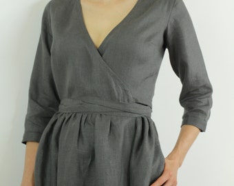 Abito avvolgente in lino con 3/4 maniche e 2 tasche / Abito donna in lino / abito avvolgente / abito avvolgente estivo / abito casual wrap