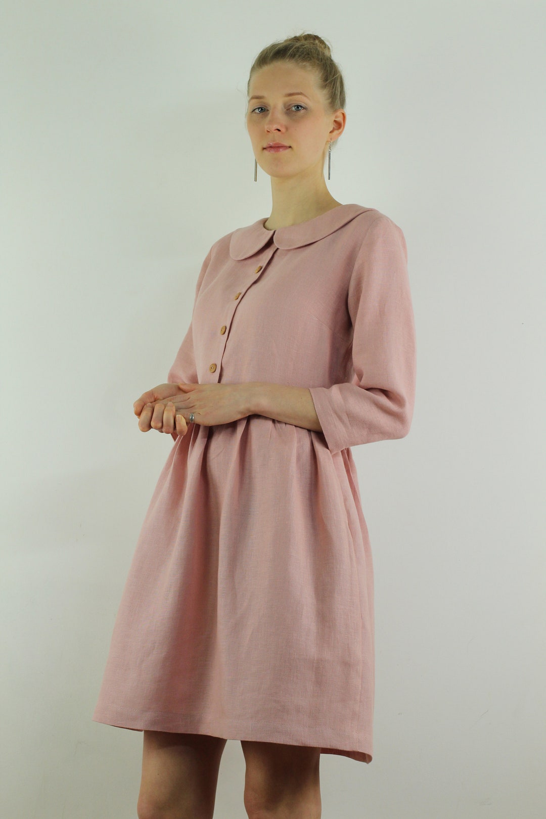 Linen Women Dress/ Linen Casual Dress/ Long Sleeves Dress/ Peter Pan ...
