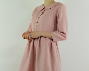 Linen women dress/ Linen casual dress/ Long sleeves dress/ Peter Pan collar, rose color dress