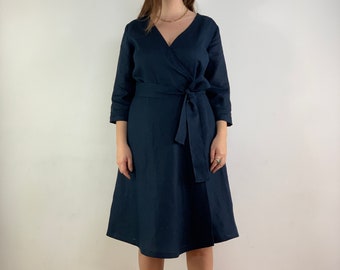 Abito avvolgente di lino per donne con maniche lunghe 3/4 / Abito da donna in lino / Vestito avvolgente / Vestito di lino da donna / Vestito avvolgente estivo / Abito avvolgente casual