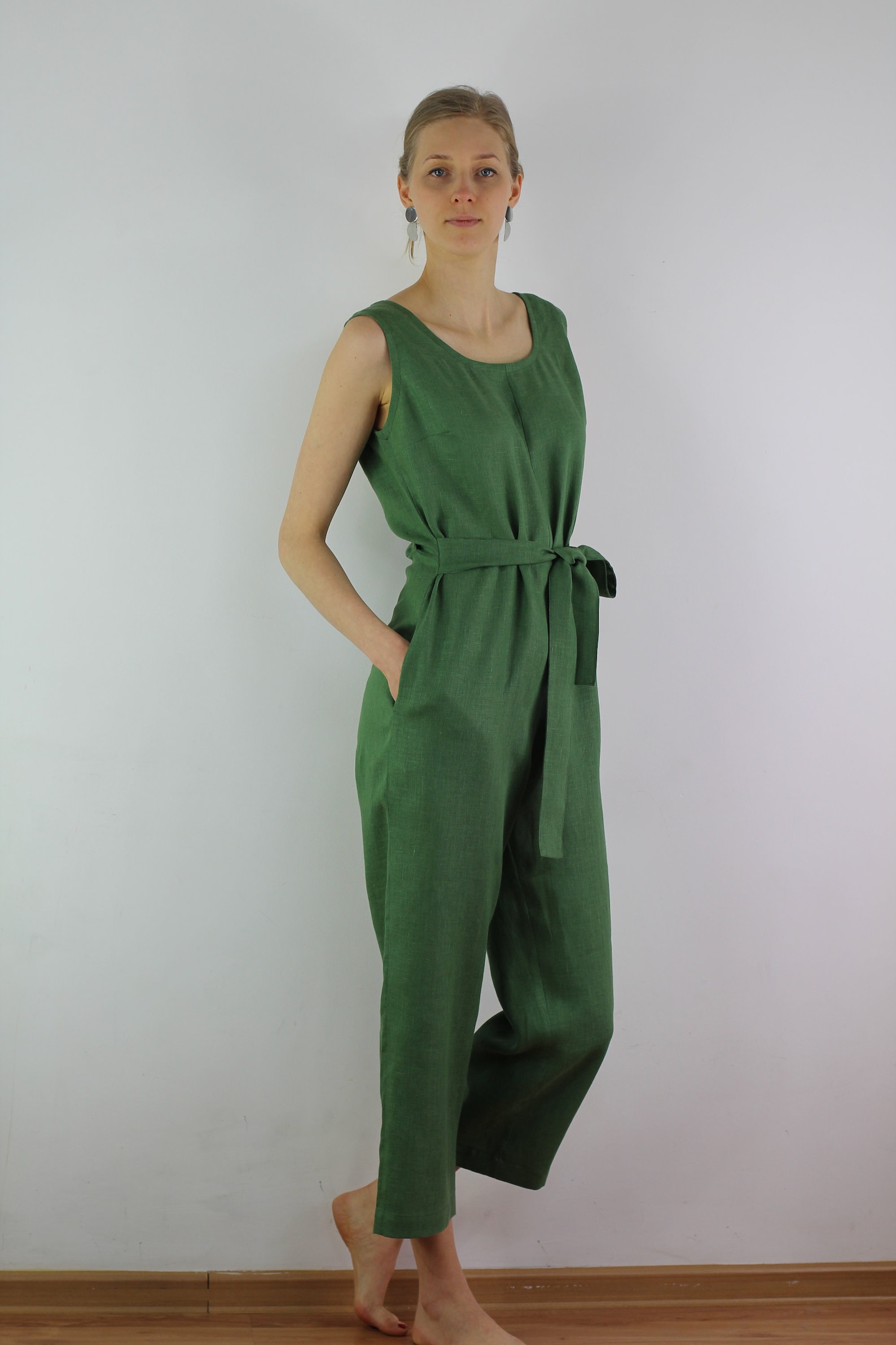 Summer linen jumpsuit/ Casual linen jumpsuits/ Green overall/ Etsy