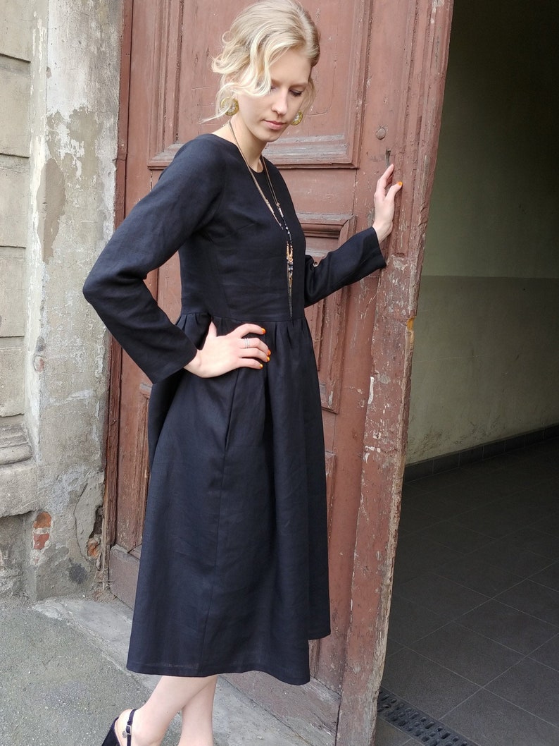 Linen Dress for Women With Long Sleeves/ Black Linen Dress/ - Etsy