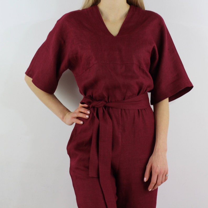 Damen Leinen Jumpsuit / Casual Leinen Jumpsuits / Leinen Strampler / Jumpsuit für Frauen / Burgundy Jumpsuit Bild 4