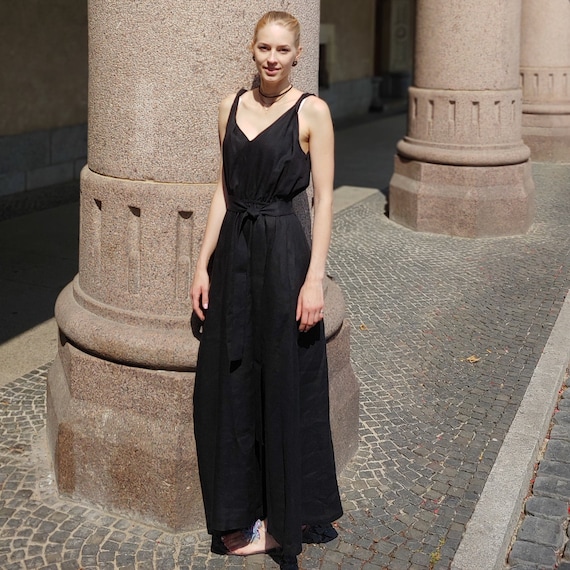 linen dresses aliexpress black Black Spaghetti Strap Linen Dress main image 0