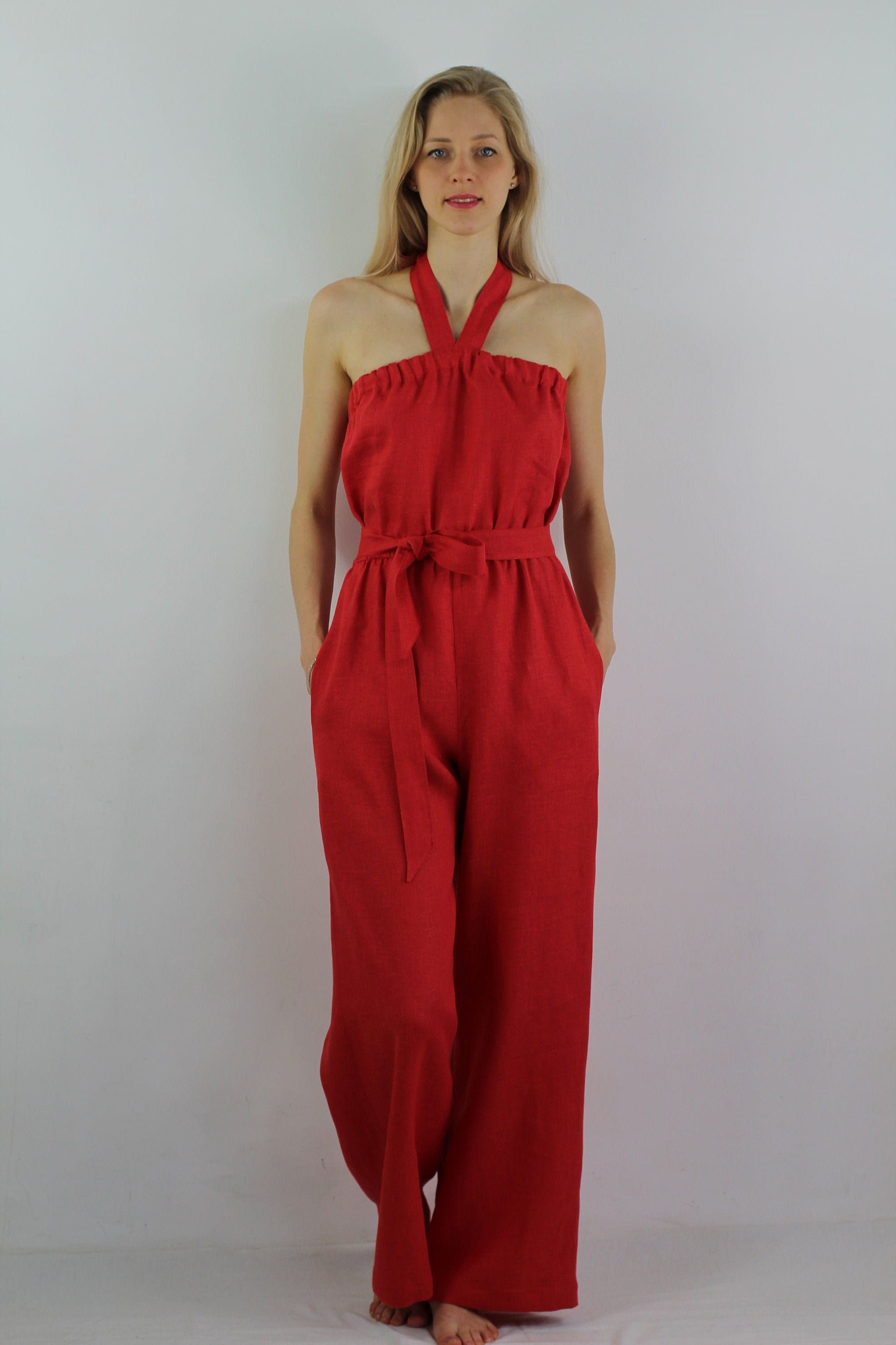 Summer linen jumpsuit/ Casual linen jumpsuits/ Red overall/ Etsy