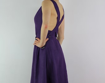 Cross back dress/ Open back linen dress/ Linen backless dress/  Purple summer wrap dress/ Linen wrap  sleeveless  dress/ Cross straps dress