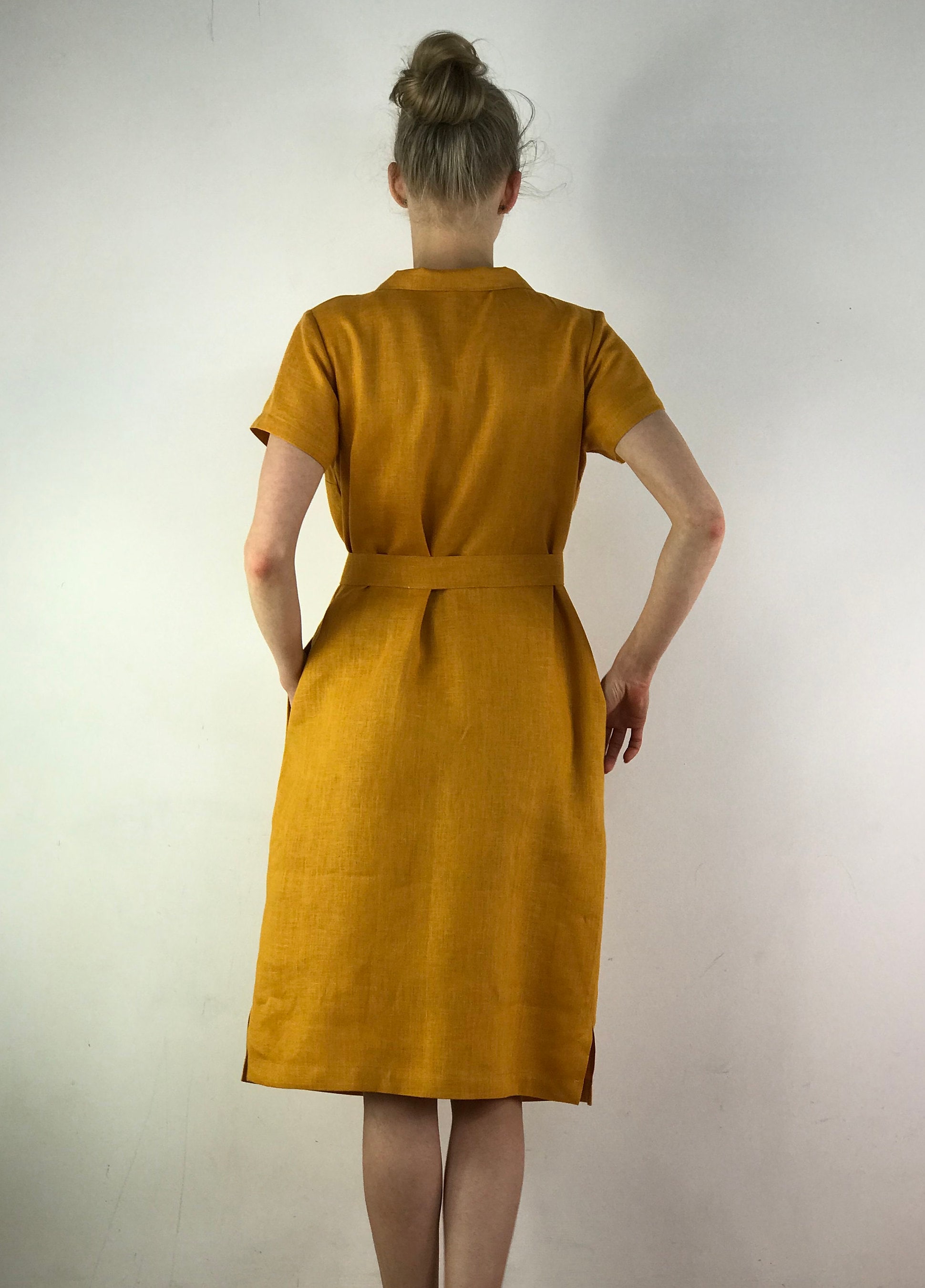 Linen Dress Yellow Button Down Midi Dress Linen Dress/ Button Down Dress/  Linen Casual Dress/ Linen