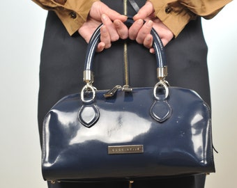 Vintage Coccinelle Bowler Tasche für Frauen dunkelblau Patent Leder Italien Tasche formale Event-Tasche