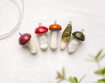 Set of 5 ceramic mushrooms pendant, Ceramic jewelry, Pottery figurines, Ceramic art, Home decor, Ornaments, Amanita, Miniatures, Ceramics