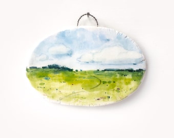 Summer Landscape Ceramic Tile Wall Art: Miniature Illustration, Hand-Painted Home decor
